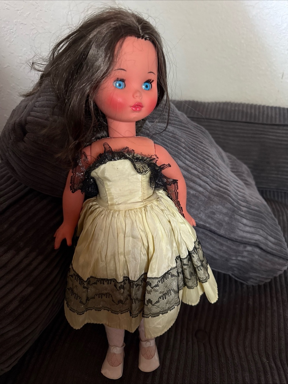 Vintage Furga Cream and Black Lace Dress Doll with Blue Eyes made in Italy